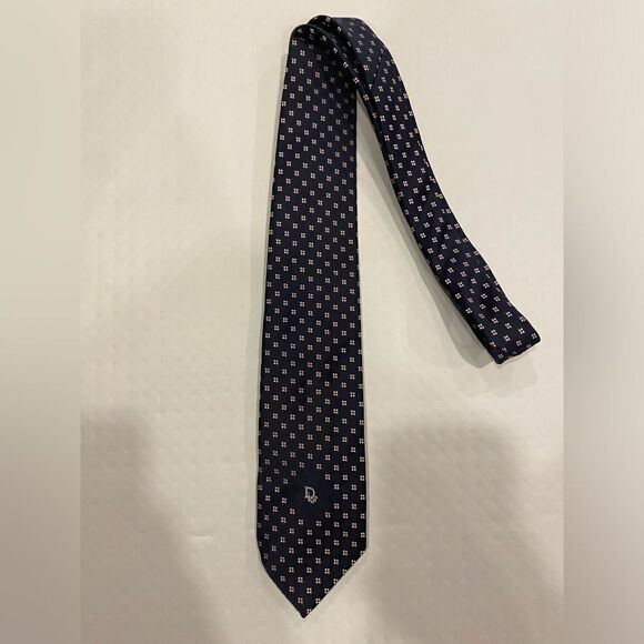 Christian Dior Vintage Dotted Navy Tie Silk Blend‎ with Dior Logo Emblem - Picture 1 of 6